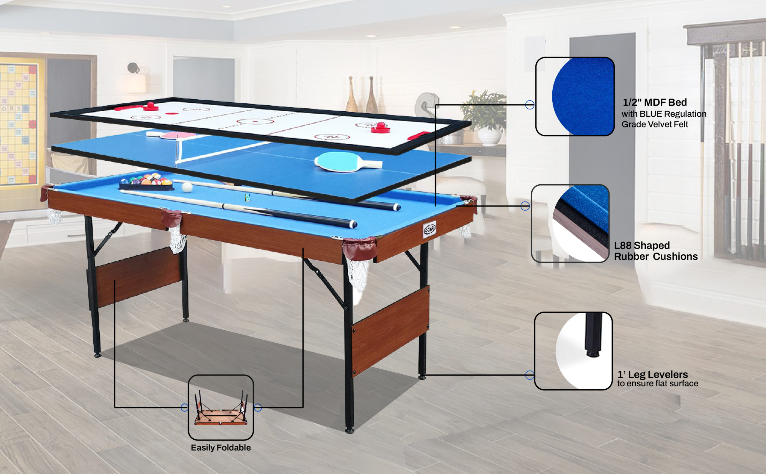RACK Crux 55 in Folding Billiard/Pool Table (Blue 3-in-1 Multi Game ...
