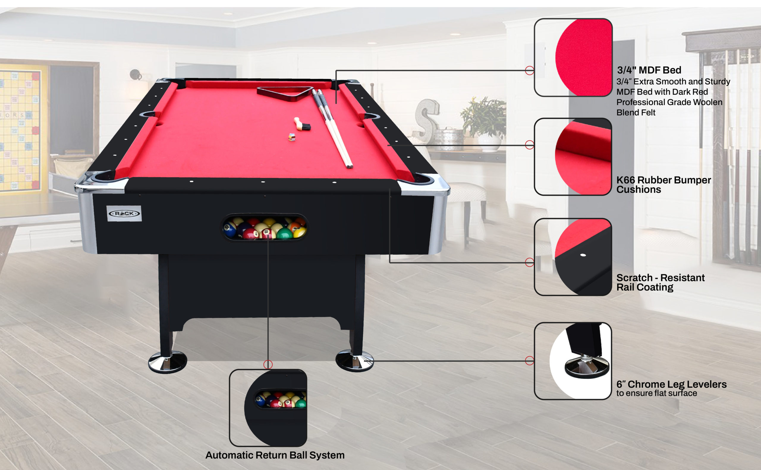 RACK Draco 7-Foot Tournament Billiard/Pool Table (Red Felt with Black ...