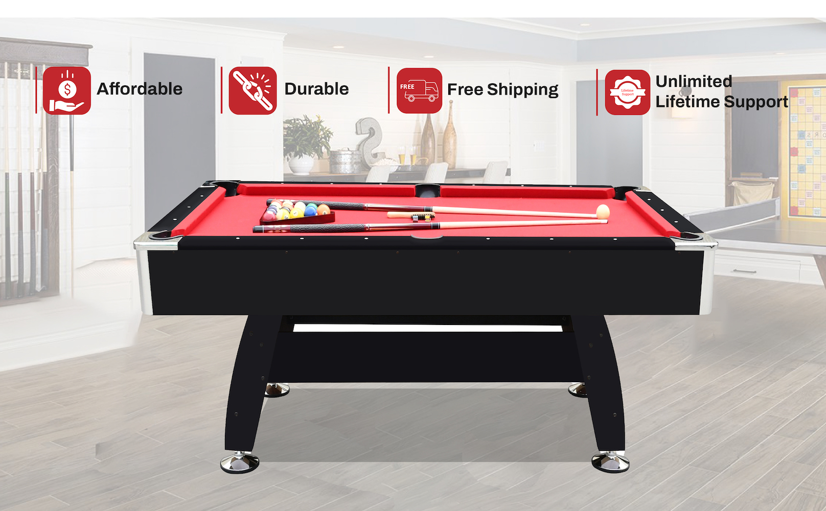 RACK Draco 7-Foot Tournament Billiard/Pool Table (Red Felt with Black ...