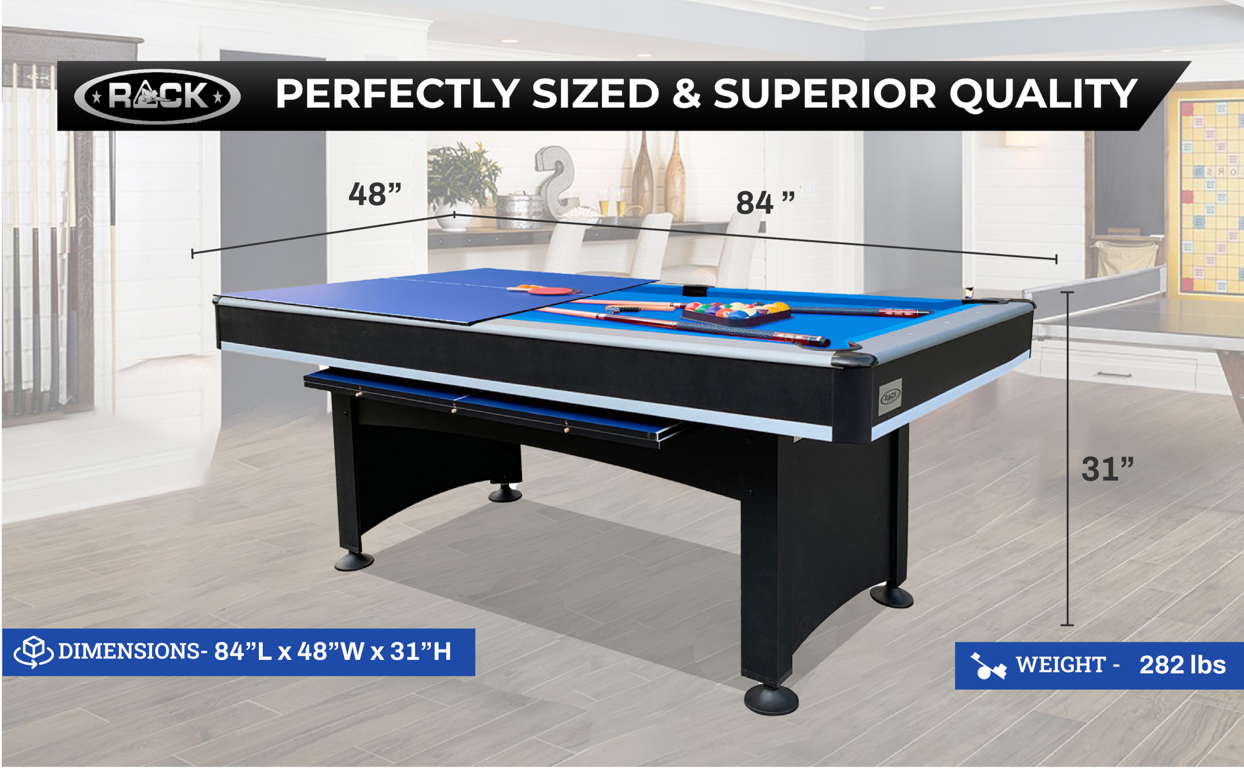 RACK Scorpius 7-Foot Multi Game Billiard/Pool with Table Tennis (Blue ...